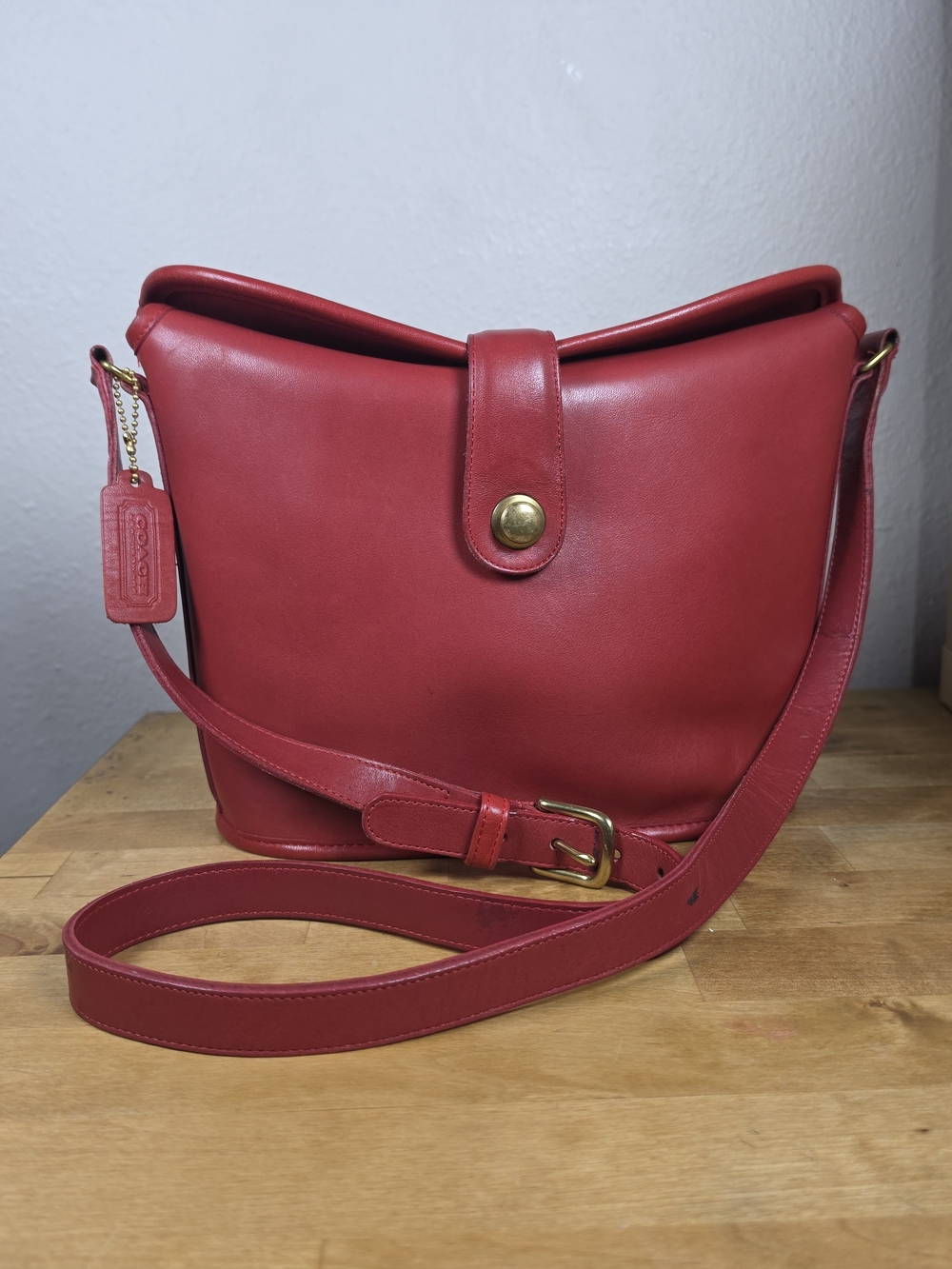 Vintage Coach Binocular Bag Red Leather Pre-1994 with Hang Tag